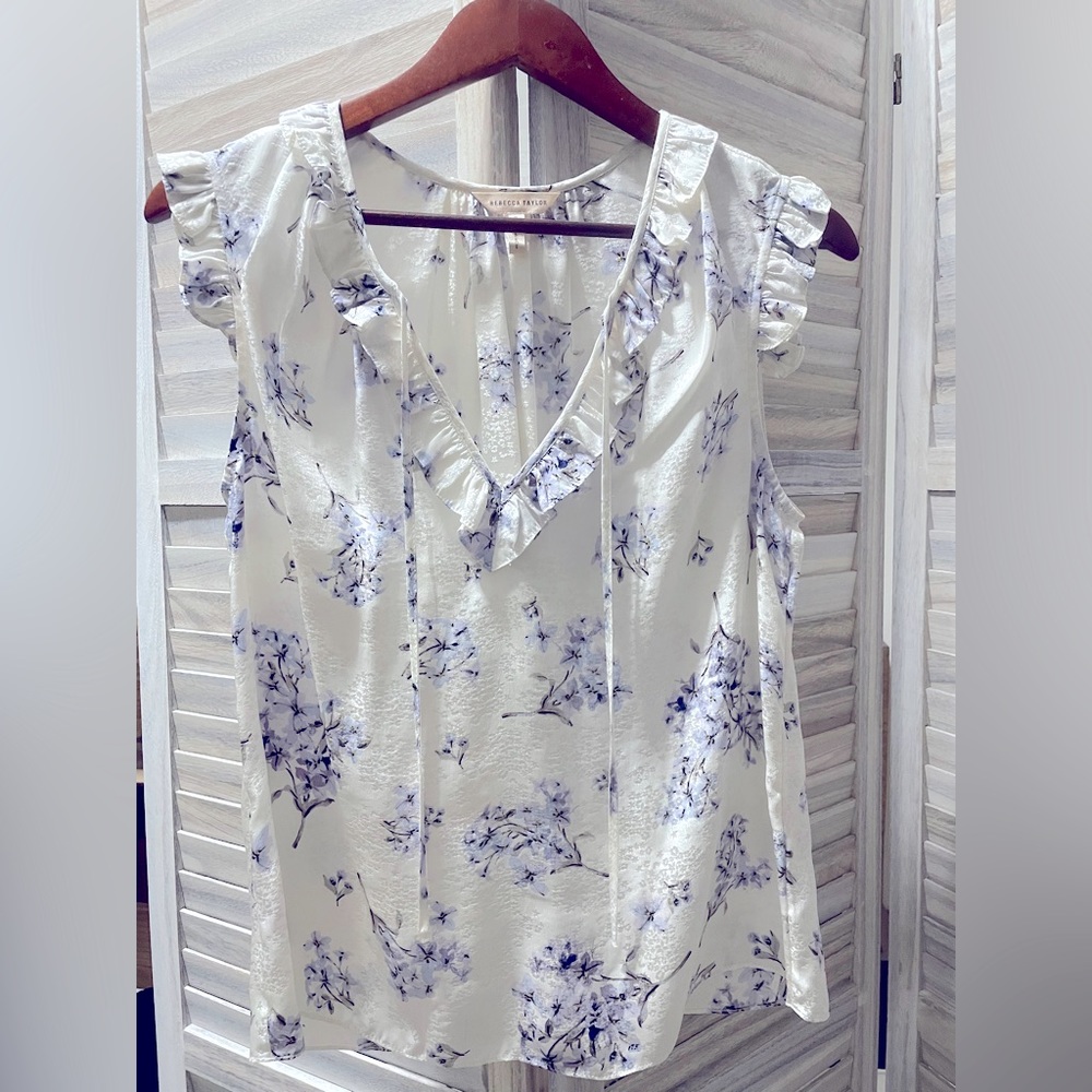 Rebecca Taylor white & purple floral 100% silk top, 8